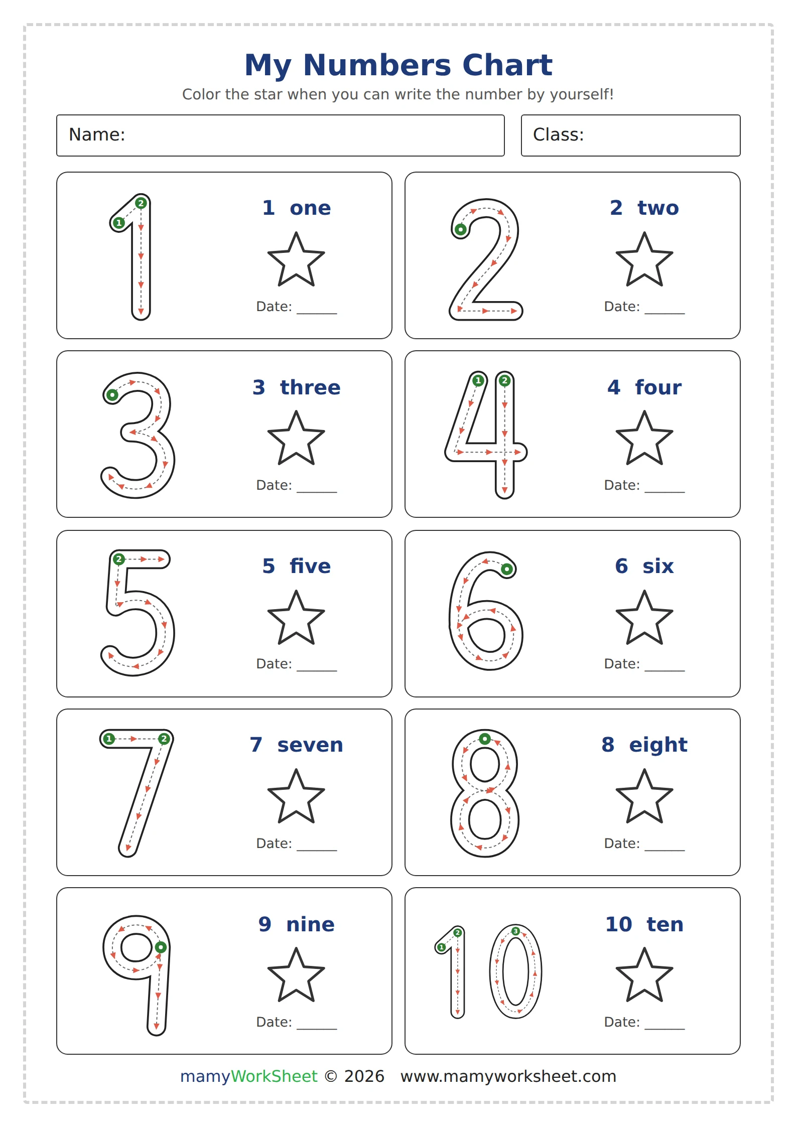 ورقة متابعة تعلم الأرقام من 1 إلى 10 للأطفال My Numbers Chart