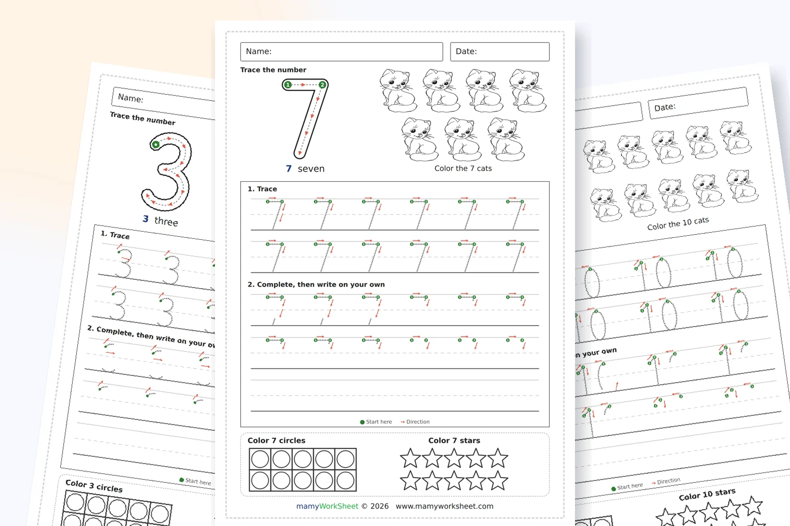 أوراق تتبع الأرقام من 1 إلى 10 للأطفال للطباعة من MamyWorksheet