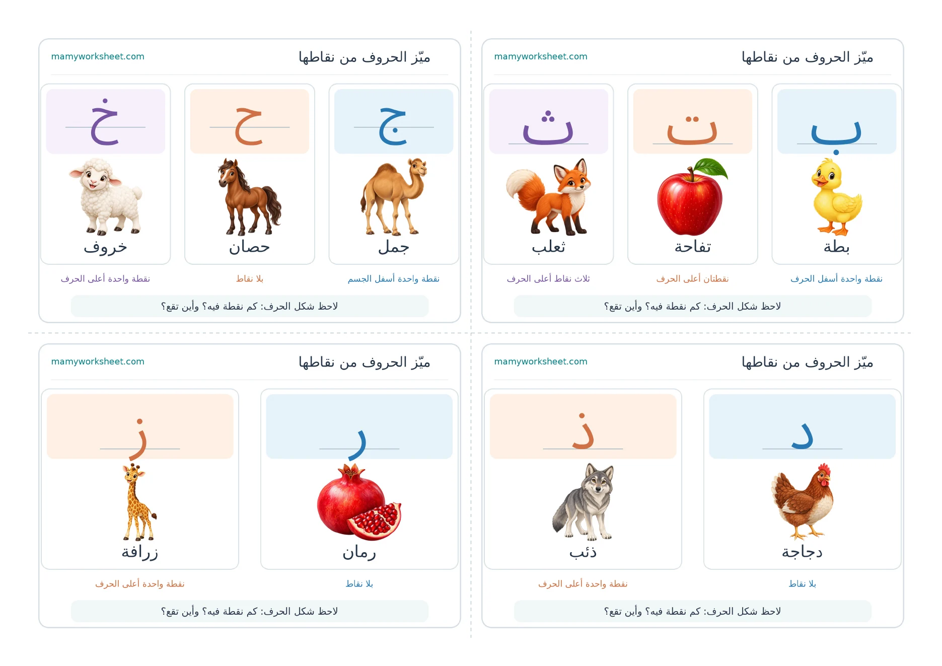 الصفحة الأولى الفعلية من بطاقات تمييز الحروف المتشابهة، فيها أربع بطاقات للحروف ب وت وث، وج وح وخ، ود وذ، ور وز